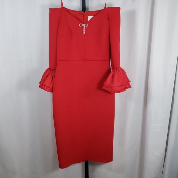 Eliza J Red Ruffled-Cuff Off-The-Shoulder Cocktail Dress - SZ 4 - NWT - Picture 5 of 13